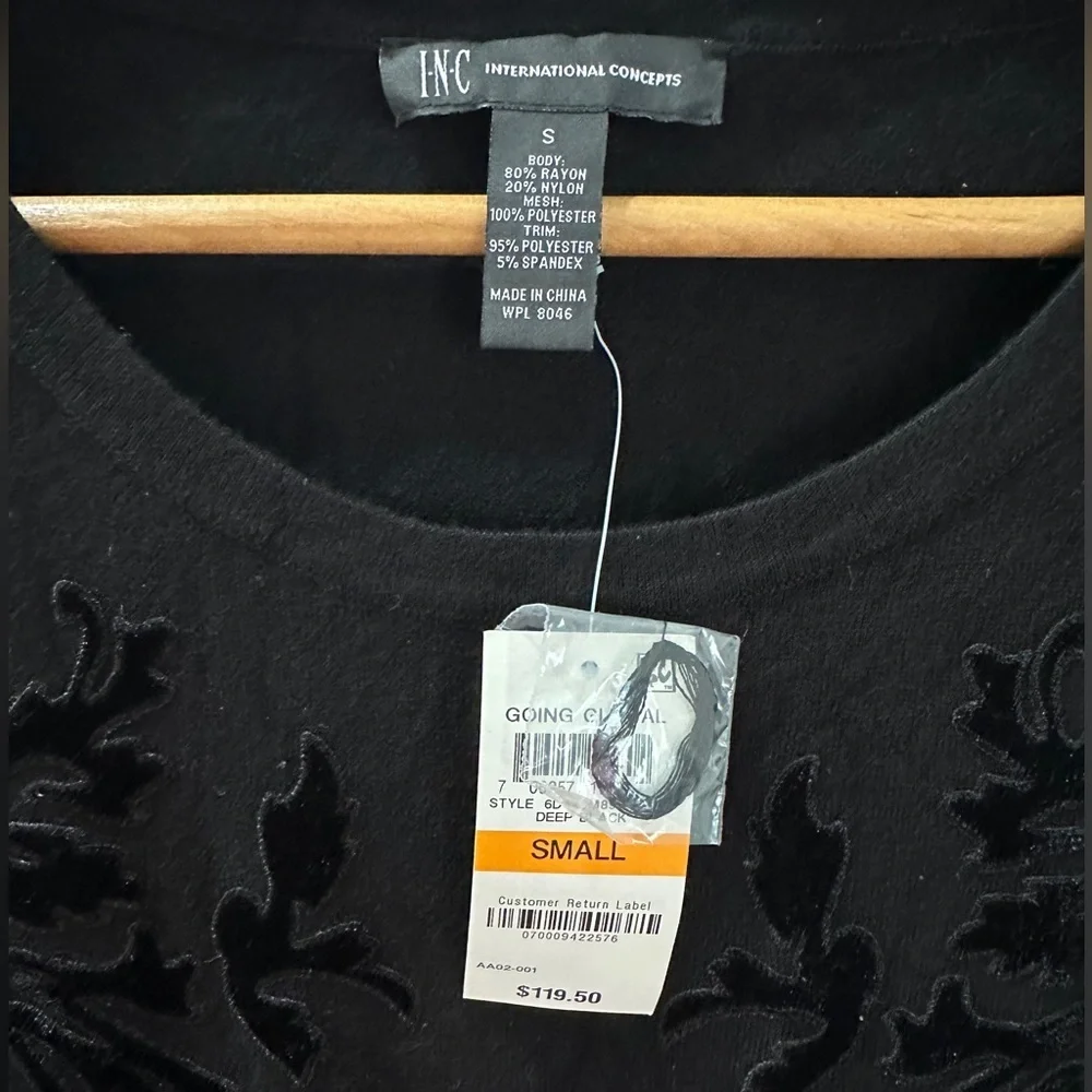 Inc Womens Black Flocked Velvet Long Sleeves Tunic Lace Sweater size small NWT - Picture 4 of 4